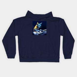 Blue Cat Playing Keyboard in a Synth Wave Band Kids Hoodie